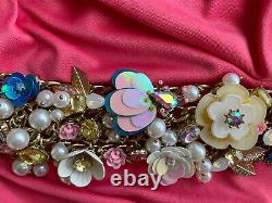 Betsey Johnson Beach Party Pink Blue Yellow Sequin Flower Iridescent Bracelet