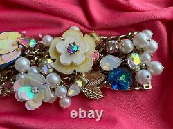 Betsey Johnson Beach Party Pink Blue Yellow Sequin Flower Iridescent Bracelet