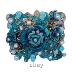 Betsey Johnson Blue Skull Flowers Icy Crystal Statement Bracelet 7 TEAL PATINA