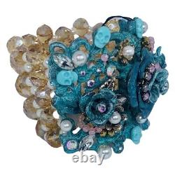 Betsey Johnson Icy Blue Crystal Skull Statement Bracelet 7 Flowers TEAL PATINA