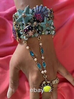 Betsey Johnson Into The Blue Crystal Sea Green Turtle Scallop Crab Ring Bracelet