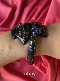 Betsey Johnson Peacock Bird Oil Slick Critter Hinged Bangle Bracelet VERY RARE