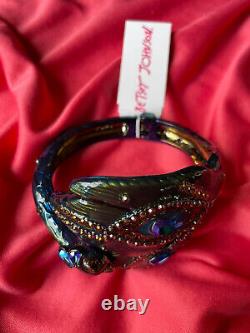 Betsey Johnson Peacock Bird Oil Slick Critter Hinged Bangle Bracelet VERY RARE