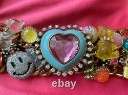 Betsey Johnson Vintage Candyland Aqua Blue Pink Candy Heart Gummy Bear Bracelet