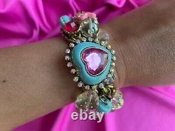 Betsey Johnson Vintage Candyland Candy Aqua Blue Pink Heart HUG ME Bracelet RARE