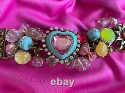 Betsey Johnson Vintage Candyland Candy Aqua Blue Pink Heart HUG ME Bracelet RARE