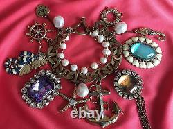 Betsey Johnson Vintage Nautical Anchor Sailor Seahorse Pearl HUGE Charm Bracelet