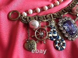 Betsey Johnson Vintage Nautical Anchor Sailor Seahorse Pearl HUGE Charm Bracelet