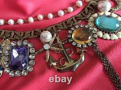 Betsey Johnson Vintage Nautical Anchor Sailor Seahorse Pearl HUGE Charm Bracelet