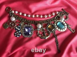 Betsey Johnson Vintage Nautical Anchor Sailor Seahorse Pearl HUGE Charm Bracelet