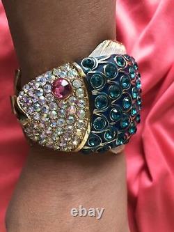 Betsey Johnson Vintage Sea Excursion HUGE Teal Crystal Fish Bangle Bracelet $225