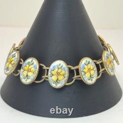 Bliss Brothers Sterling Oval Enamel Tennis Yellow Flowers Rose Bracelet Vintage