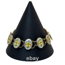 Bliss Brothers Sterling Oval Enamel Tennis Yellow Flowers Rose Bracelet Vintage