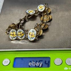 Bliss Brothers Sterling Oval Enamel Tennis Yellow Flowers Rose Bracelet Vintage