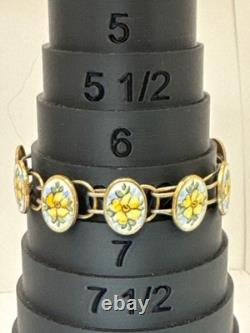 Bliss Brothers Sterling Oval Enamel Tennis Yellow Flowers Rose Bracelet Vintage