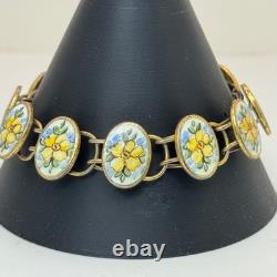 Bliss Brothers Sterling Oval Enamel Tennis Yellow Flowers Rose Bracelet Vintage