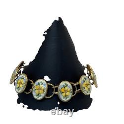 Bliss Brothers Sterling Oval Enamel Tennis Yellow Flowers Rose Bracelet Vintage