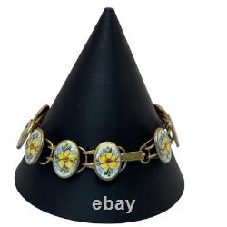 Bliss Brothers Sterling Oval Enamel Tennis Yellow Flowers Rose Bracelet Vintage