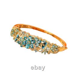 Blue Apatite & White Zircon Floral Bangle Bracelet in Vermeil Gold over Silver