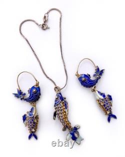 Blue Cloisonne & Vermeil Koi Fish Charm Bracelet and Hoop Earrings China Export