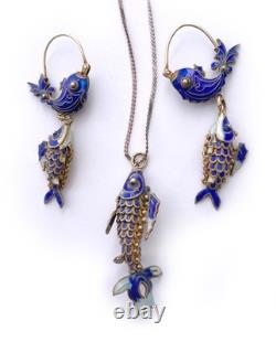 Blue Cloisonne & Vermeil Koi Fish Charm Bracelet and Hoop Earrings China Export