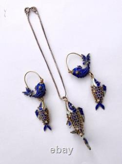 Blue Cloisonne & Vermeil Koi Fish Charm Bracelet and Hoop Earrings China Export