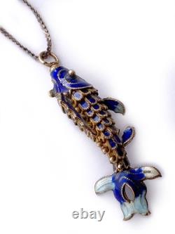 Blue Cloisonne & Vermeil Koi Fish Charm Bracelet and Hoop Earrings China Export