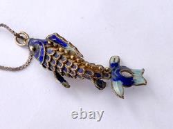 Blue Cloisonne & Vermeil Koi Fish Charm Bracelet and Hoop Earrings China Export
