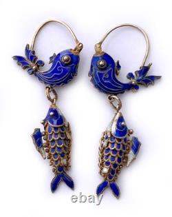 Blue Cloisonne & Vermeil Koi Fish Charm Bracelet and Hoop Earrings China Export