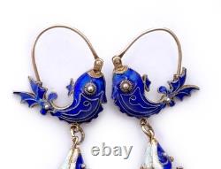 Blue Cloisonne & Vermeil Koi Fish Charm Bracelet and Hoop Earrings China Export