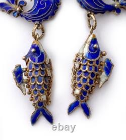 Blue Cloisonne & Vermeil Koi Fish Charm Bracelet and Hoop Earrings China Export