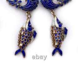 Blue Cloisonne & Vermeil Koi Fish Charm Bracelet and Hoop Earrings China Export