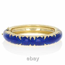 Blue Enamel Bangle Bracelet 6 1/2 18k Yellow Gold Etched Leaf Pattern