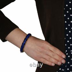 Blue Enamel Bangle Bracelet 6 1/2 18k Yellow Gold Etched Leaf Pattern
