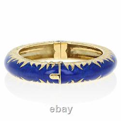 Blue Enamel Bangle Bracelet 6 1/2 18k Yellow Gold Etched Leaf Pattern