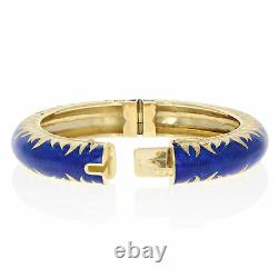 Blue Enamel Bangle Bracelet 6 1/2 18k Yellow Gold Etched Leaf Pattern