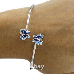 Blue Enamel Butterfly Style Open Cuff Bracelet 14K White Gold Over