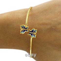 Blue Enamel Butterfly Style Open Cuff Bracelet 14K Yellow Gold Over