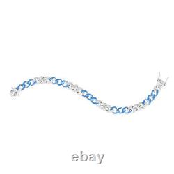 Blue Enamel CZ Miami Cuban Curb Chain Bracelet Real Sterling Silver 925 7