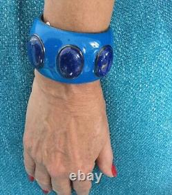 Blue Enamel Cuff Bracelet In Sterling Silver with Oval Lapiz Lazuli Stones