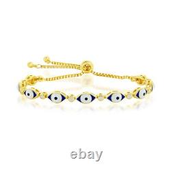 Blue Enamel Evil Eye With CZ Adjustable Bolo Bracelet Gold Plated