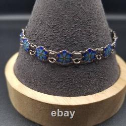 Blue Enamel Flower Silver Bracelet Vintage Silver Used