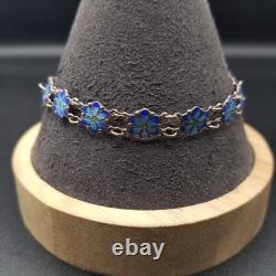 Blue Enamel Flower Silver Bracelet Vintage Silver Used Blue Enamel Flower Silver Bracelet Vintage Silver Used