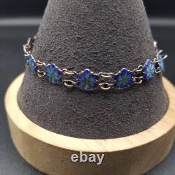 Blue Enamel Flower Silver Bracelet Vintage Silver Used Blue Enamel Flower Silver Bracelet Vintage Silver Used