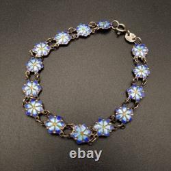 Blue Enamel Flower Silver Bracelet Vintage Silver Used