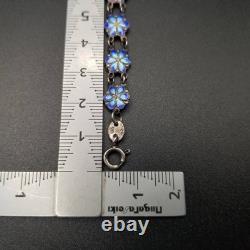 Blue Enamel Flower Silver Bracelet Vintage Silver Used Blue Enamel Flower Silver Bracelet Vintage Silver Used