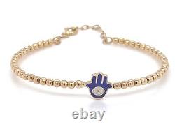 Blue Enamel Good Luck Eye Hand Charm 14k Yellow Gold Beaded Flex Bracelet