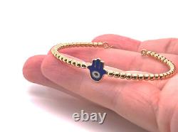 Blue Enamel Good Luck Eye Hand Charm 14k Yellow Gold Beaded Flex Bracelet