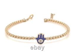 Blue Enamel Good Luck Eye Hand Charm 14k Yellow Gold Beaded Flex Bracelet