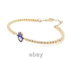 Blue Enamel Good Luck Eye Hand Charm 14k Yellow Gold Beaded Flex Bracelet